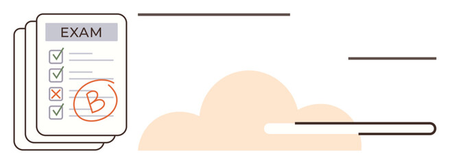 Education, academic evaluation, exam preparation, scoring, performance, achievement. Graded exam paper with a B mark and checklist. Education and academic evaluation concept