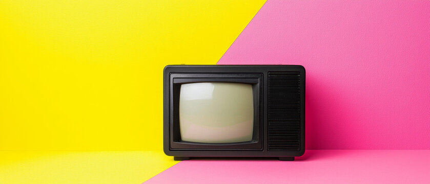 Retro black television on a vibrant diagonal yellow and pink background, evoking a nostalgic and colorful pop art aesthetic