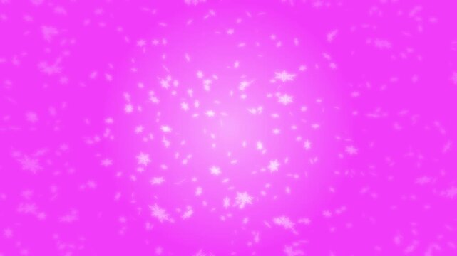 White snowflakes being lit up and falling down on pink gradient background. Abstract background for Merry Christmas, Happy Holidays, Season's greetings, Happy Valentine's day and winter season.