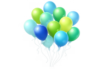Group of vibrant balloons in shades of blue, green, and yellow, tethered by white strings, floating upward. Transparent background