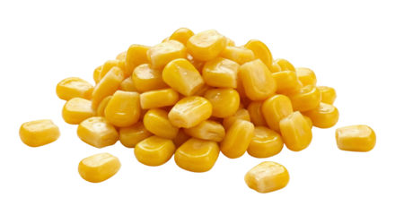 Pile of fresh yellow corn kernels isolated on white background, healthy food ingredient