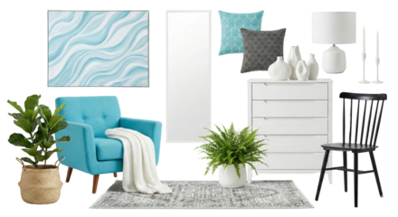 Modern Blue Teal Living Room Furniture and Decor Flat Lay