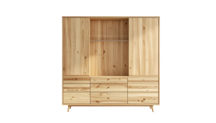 Light-toned wooden cabinet with drawers and open shelf