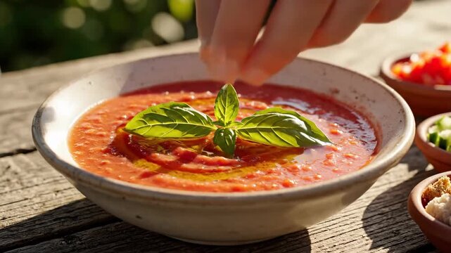 Close up of gazpacho soup with oil pouring in natural light