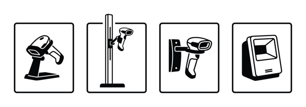 Black and white barcode scanner icon set. Includes standing, pole mounted and wall mounted variations.