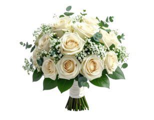 Bouquet of white roses with greenery on a black background