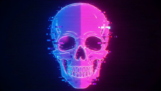 Cyberpunk digital glitch skull face. Futuristic neon skeleton head with distortion error effect for gaming mascot, esports logo, or hacker virus concept.