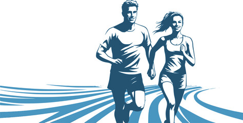 Running man and woman, isolated vector silhouettes. Run, side view. Silhouettes of athletic looking male and female runners running. Transparent background EPS version.