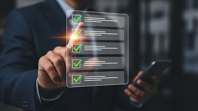 Businessman's hand touching digital checklist with green checkmarks on transparent screen to do list - Powered by Adobe