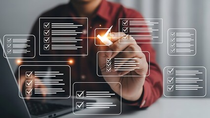 Person checking off items on digital to do lists with glowing pen checklist task