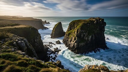 Coastal Cliffs and Sea Stacks at Golden Hour