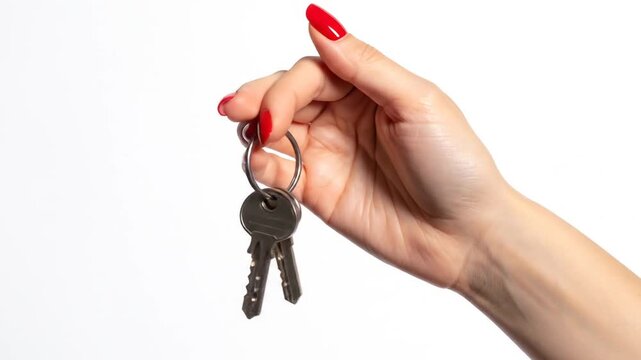 A hand with red nails holds keys against a white backdrop. Keys on a keyring are held