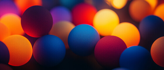 Vibrant, multi-colored spheres with textured surfaces and soft, glowing bokeh effects create an abstract, visually dynamic background