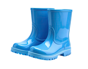 Shiny blue rain boots sit isolated