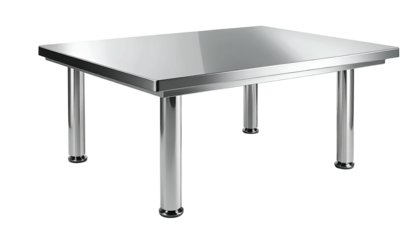 Shiny metal table with four cylindrical legs on black