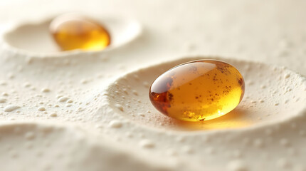 Two amber-colored oval drops with internal inclusions nestled in shallow white textured depressions, illuminated by soft light