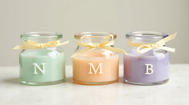 Three small glass jars with colored wax and letters NMB tied with yellow ribbon mini container