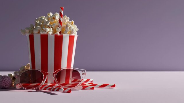 Popcorn sits in a red and white striped container next to candies and sunglasses. The setting is for a movie night at home, filled with snacks and enjoyment