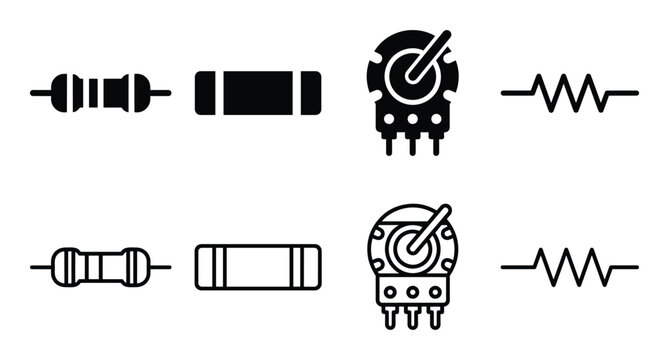 Circuit schematic icons of electronic components. Resistor and potentiometer symbols. Vector graphic design.
