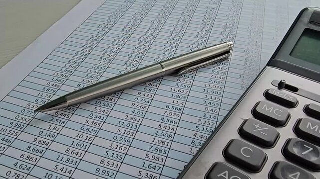 Calculating numbers with a pen and calculator at a desk in an office