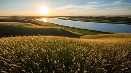 Sunset Over the Rolling Prairie River