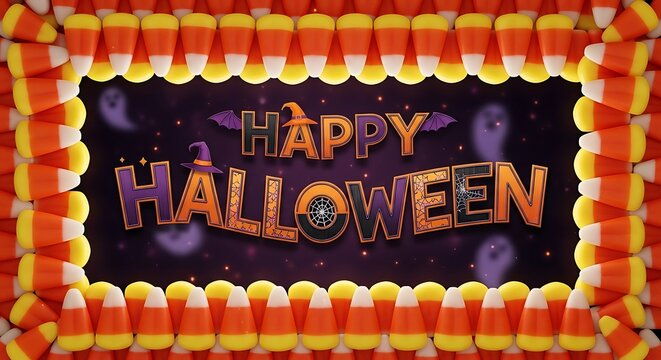 Happy halloween greeting with candy corn border and festive decoration