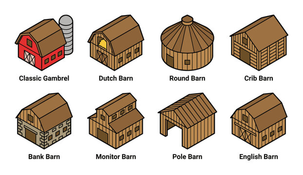 Collection of barn styles illustrated. Classic Gambrel, Dutch, Round, Crib, Bank, Monitor, Pole, and English barns.