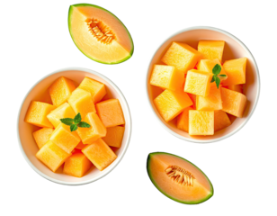 Melon pieces in bowls, and melon wedges on a black background