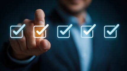 Businessman selecting checked option on transparent checklist interface with glowing icons and blurred background expressing confidence and decision making