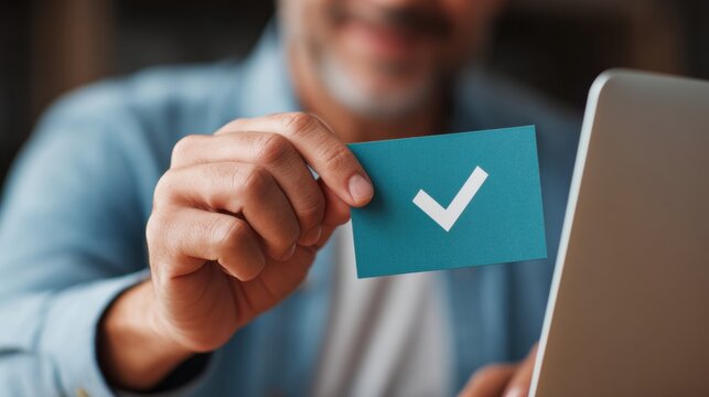 Man holding teal card with white check mark near laptop, smiling and confirming successful verification or approval in online workflow