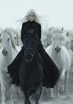 Una jinete vestida de negro cabalga un corcel negro a trav&eacute;s de una manada de caballos blancos en un paisaje nevado.