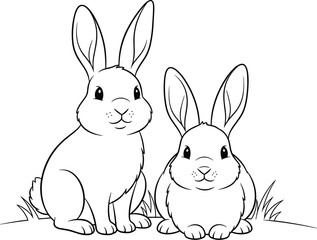 Fototapeta premium Rabbit, family, coloring, page, cute, bunnies, sitting, in, grass, line, art, illustration, vector, bunny, outline, animal, nature, forest, wildlife, activity, for, kids, children, garden