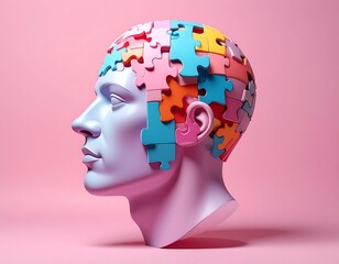 Conceptual image of a human head constructed from colorful puzzle pieces