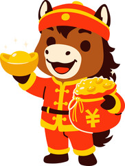 Chinese Horse with Gold Ingot and Lucky Bag