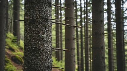 Close-Up of Rugged Bark in a Misty Coniferous Grove