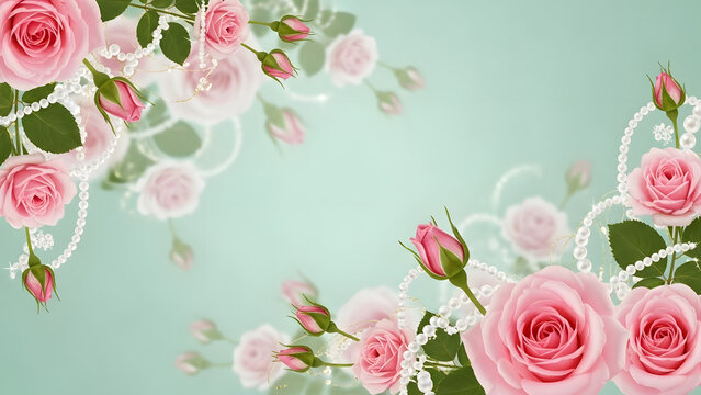 Soft and dreamy floral border featuring pink roses and draped pearls over a light turquoise background