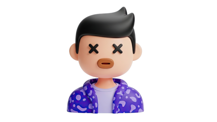 3D Cartoon Character with X Eyes and Purple Jacket