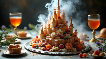 Whimsical Candy Castle Cake with Fruit and Flowers, Emitting Smoke, on a Festive Table Setting