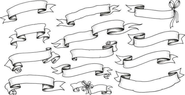 Hand drawn vintage ribbon banners collection, sketch style scroll labels set, decorative design elements, retro engraving illustration
