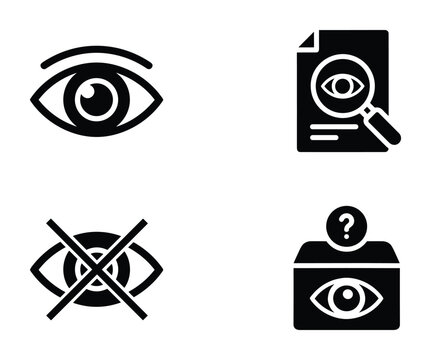 Collection of Eye view glyph icons, document scan, invisible, and unknown sight symbols