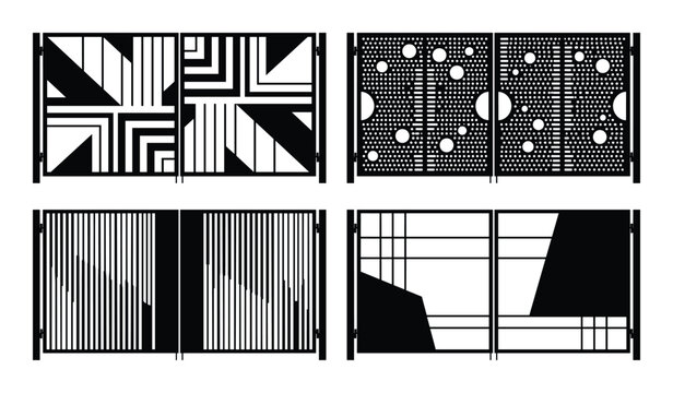 Collection of geometric and abstract decorative gates, Metal fence patterns, and modern entrance.