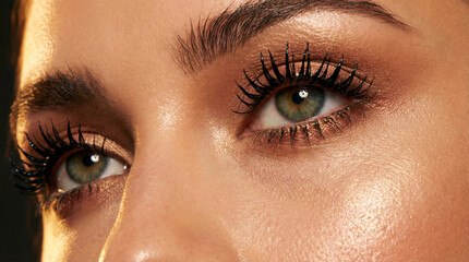 Naklejka premium Woman's green eyes show long lashes and golden makeup