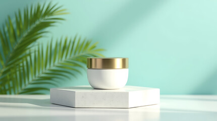 White Skincare Cream Jar with Gold Lid on a Marble Pedestal with Palm Leaves and Soft Lighting