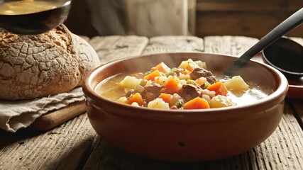 Hearty soup with crusty bread on rustic wooden table close up