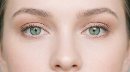 A person's clear green eyes looking directly