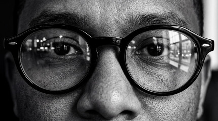 Close up of person's eyes with reflections in eyeglasses