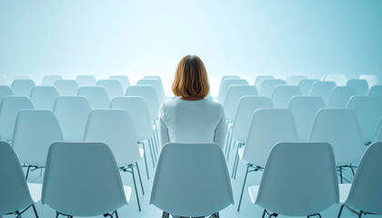 Minimalist Concept of Loneliness: One Person Among Rows of Empty Seats.