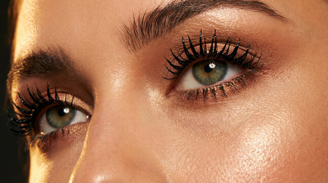 Woman's green eyes show long lashes and golden makeup