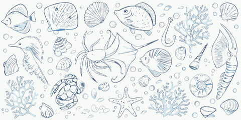 A detailed sketch showcasing various marine life and ocean elements © Polash