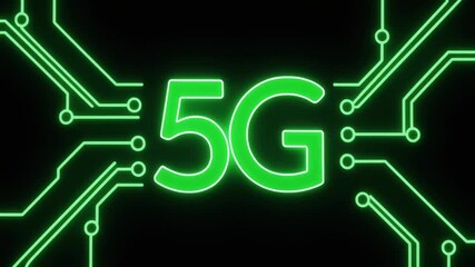 “Glowing green 5G text surrounded by circuit lines neon digital connectivity black background futuristic design” - Powered by Adobe